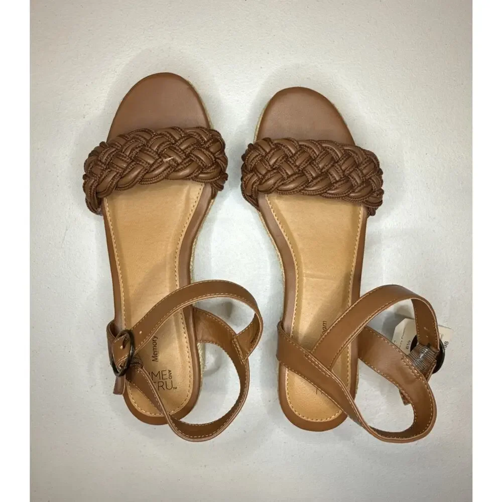 Time and Tru Women's Braided Wedge Sandals, Cognac Size 8.5
